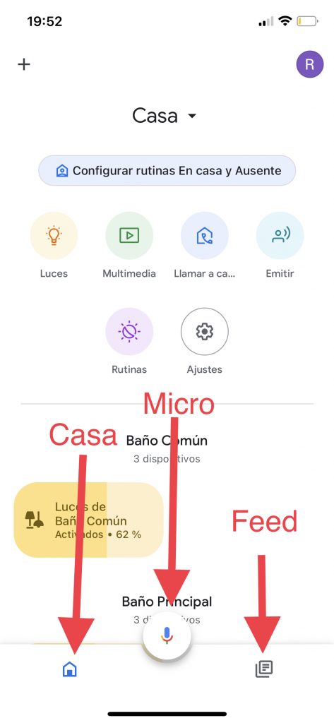 Barra baja de la app Google Home donde puedes acceder al micro, botón de home y feed